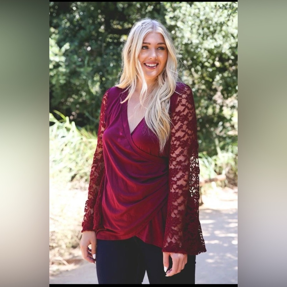 Adiva Lace Sleeve Wrap Blouse - Burgundy